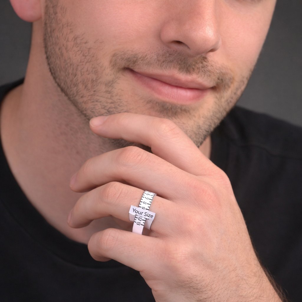 Homme utilisant un baguier ajustable pour mesurer la taille de bague sur son doigt, méthode simple et précise pour connaître sa taille avant achat | Laveran Paris